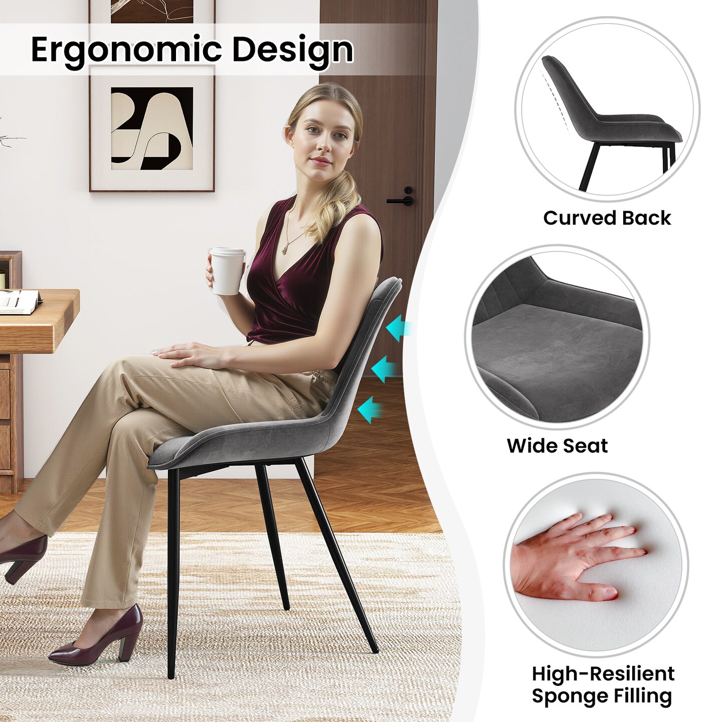 Modern Dining Chair Set Ergonomic PU Leather Metal Frame 4-Pack
