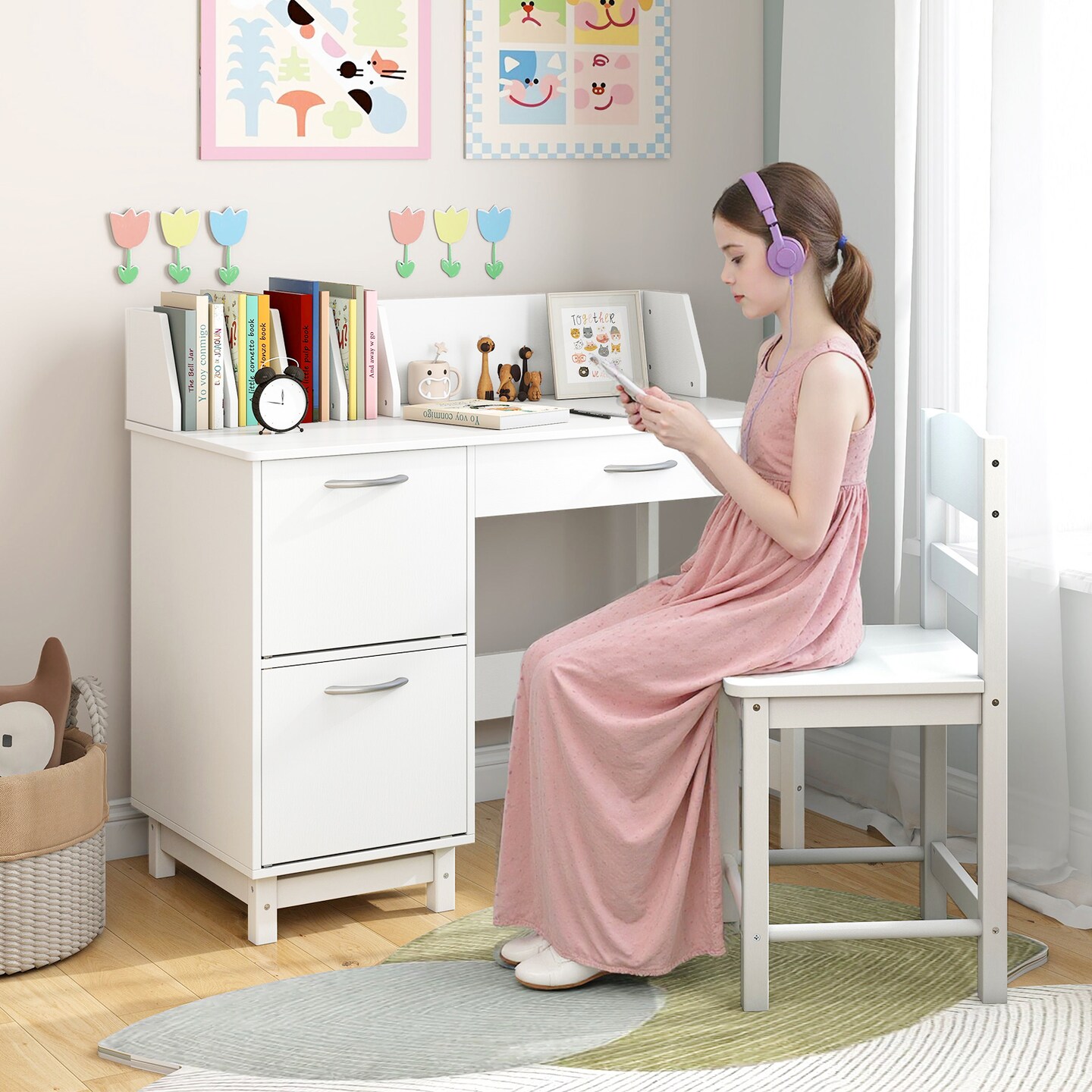 Kids Study Table and Chair Set with Storage Drawer Cabinets Book Organizer