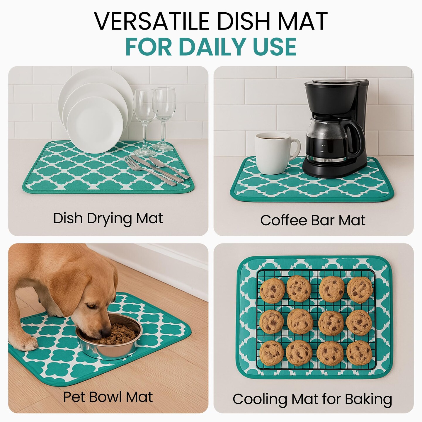 Dish Drying Mat - Microfiber Kitchen Counter Mat, Super Absorbent & Quick Dry Dish Drying Pad for Dishes, Utensils, Pots & Pans - Large Reversible Drying Mat for Kitchen Countertops, Coffee Bar, Green