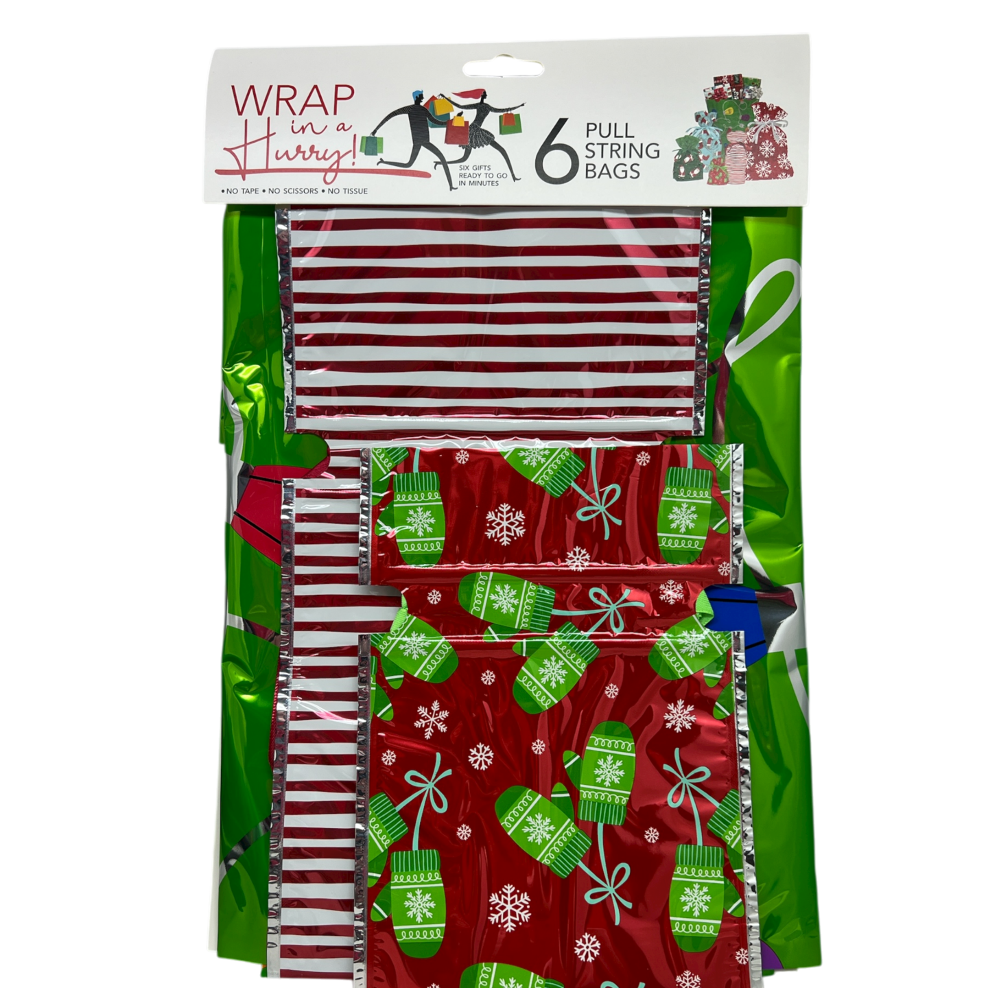 Wrap In A Hurry Pull String Gift Bag 6 piece Festive Assortment