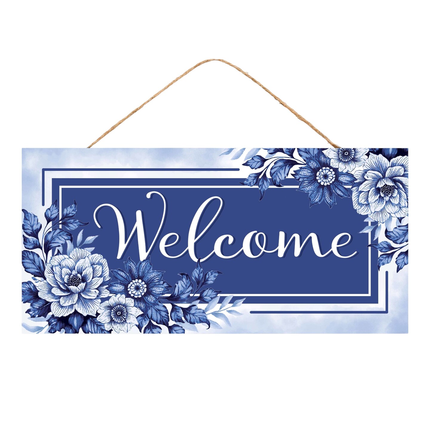 Chinoiserie Flowers 12.5" Welcome Sign with Jute String - Blue, White ...