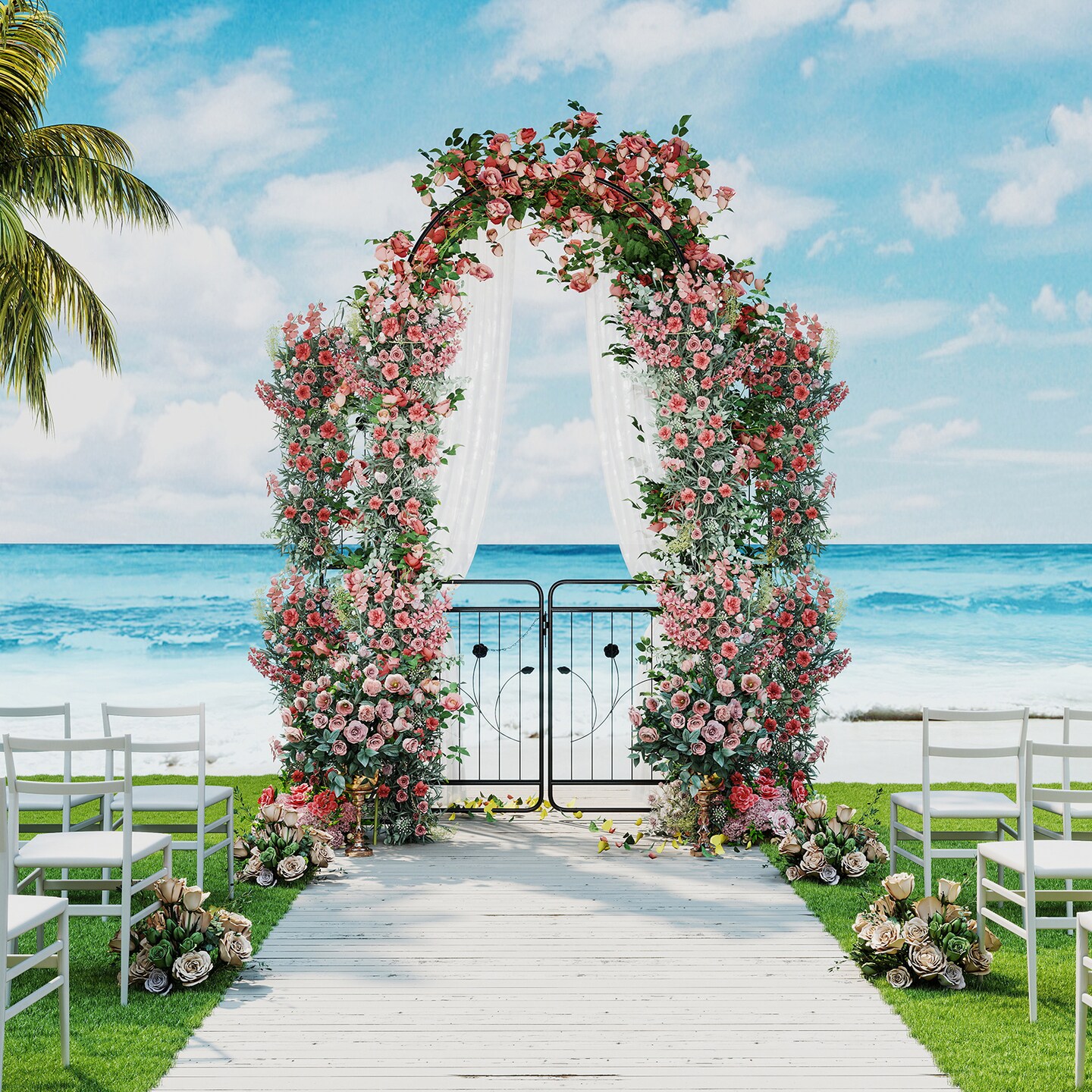 87" Metal Garden Arbor Arch with Gate Planters and Climbing Trellis