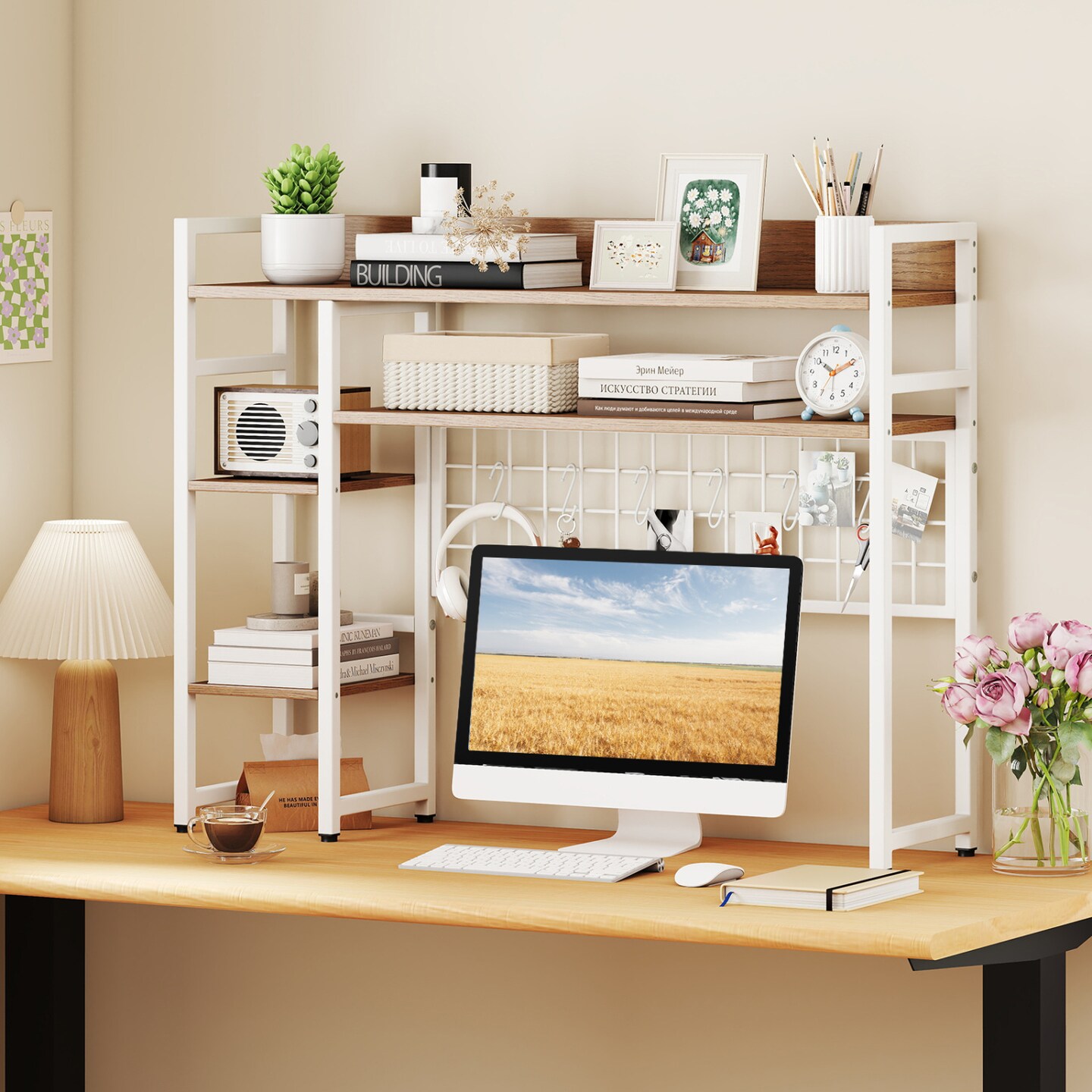 Desk Storage Shelf with 4 Tiers and 6 Hooks for Home Office or Kitchen Counter