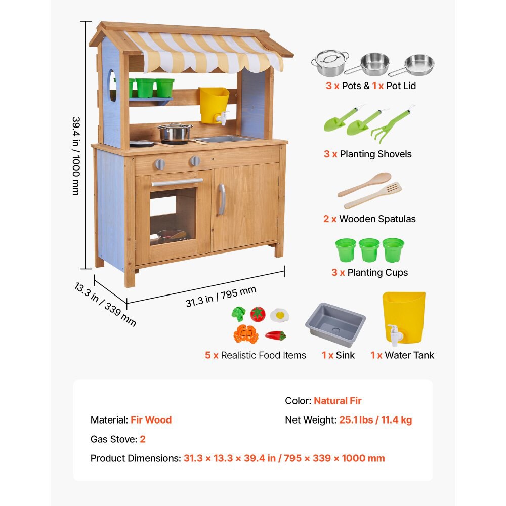 Natural Fir Wood Kids Mud Kitchen with Sunshade and 2 Gas Stoves