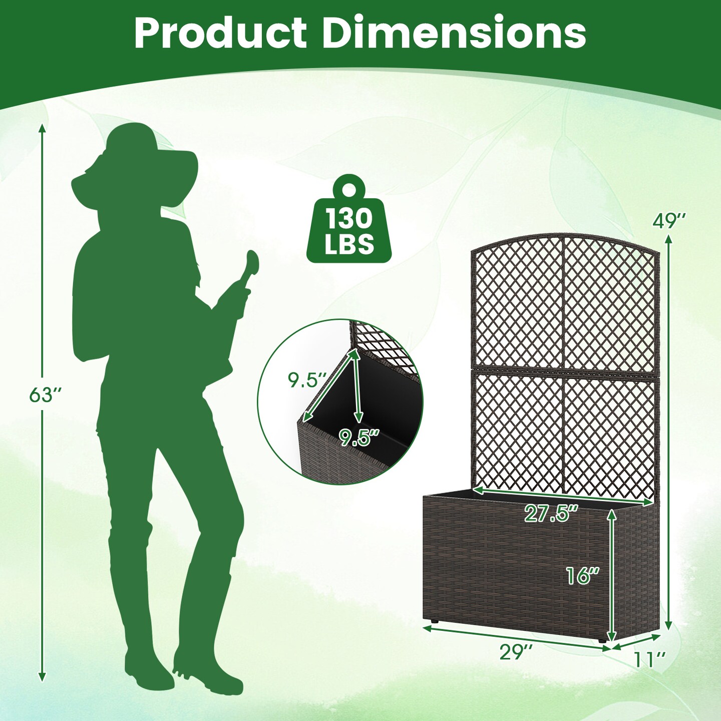58” Raised Planter Box with Trellis Outdoor Wicker Garden Bed