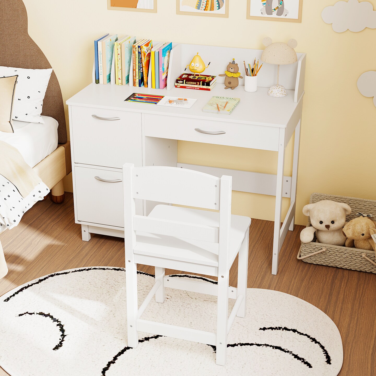Kids Study Table and Chair Set with Storage Drawer Cabinets Book Organizer