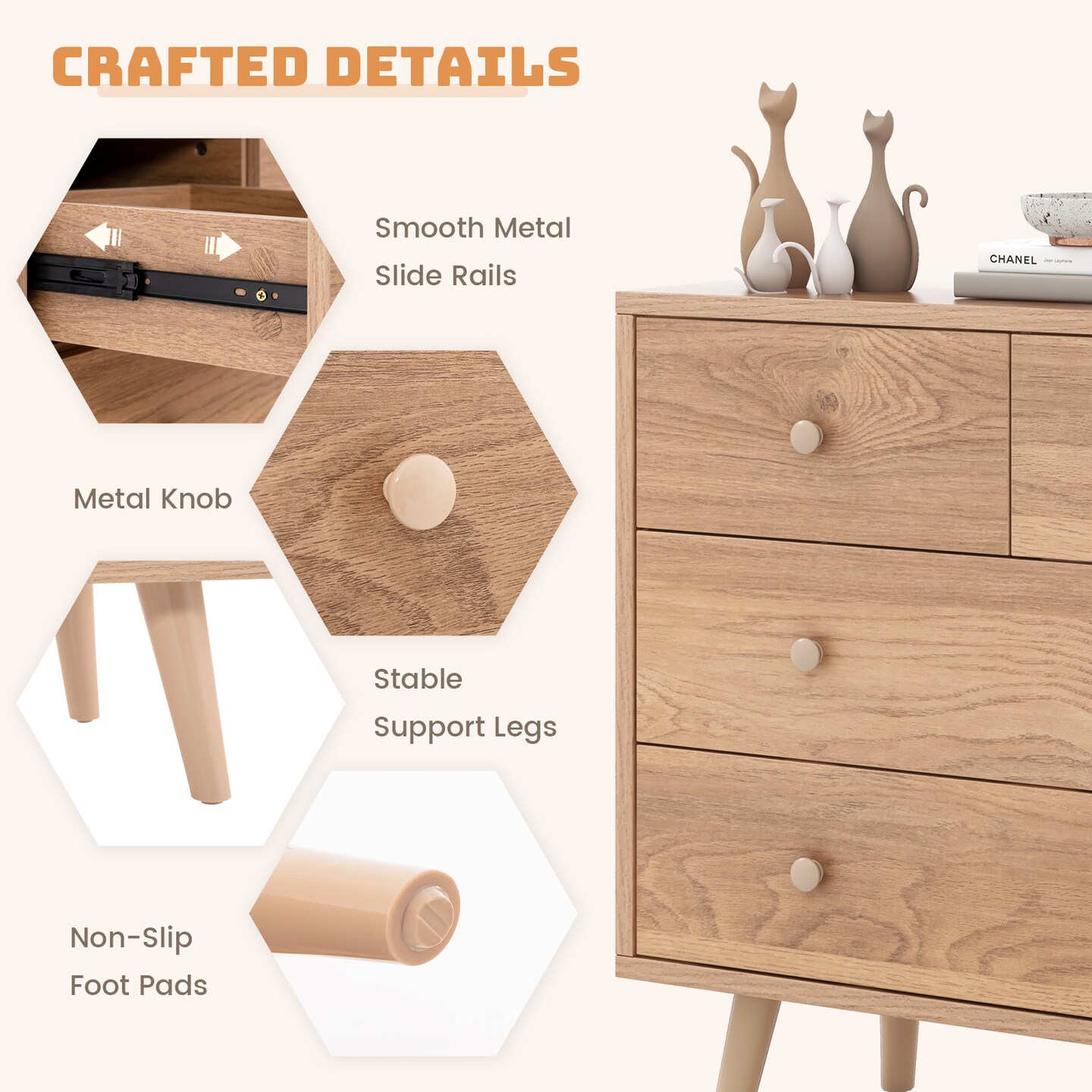 Natural Storage Dresser Cabinet 4 Drawers with Rail and Rubber Feet