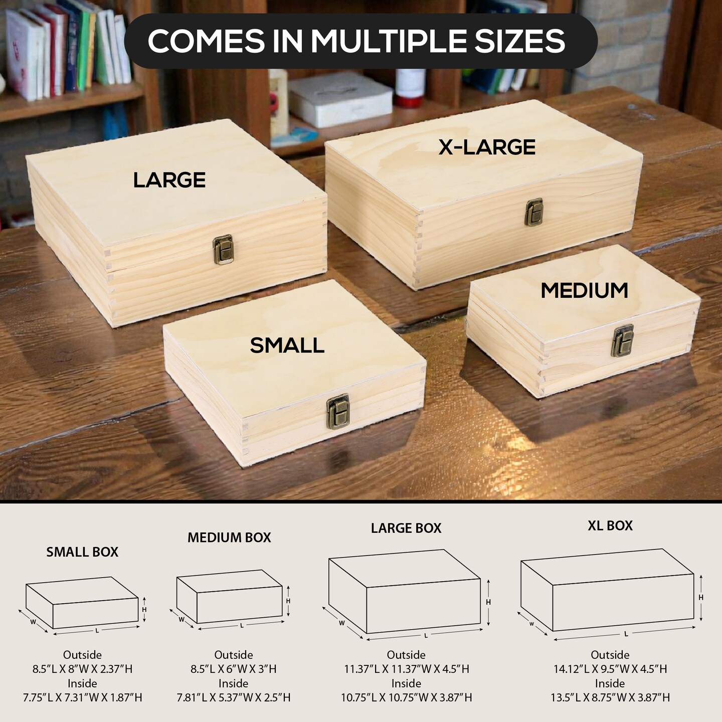 MakerFlo Large Pine Wood Memory Box with Black Felt Inside and Hinged with Clasp of Front, Keepsake Wooden Box Ideal for Craft and Personalization (Laser Engraving, Epoxy, UV DTF, and Vinyl)