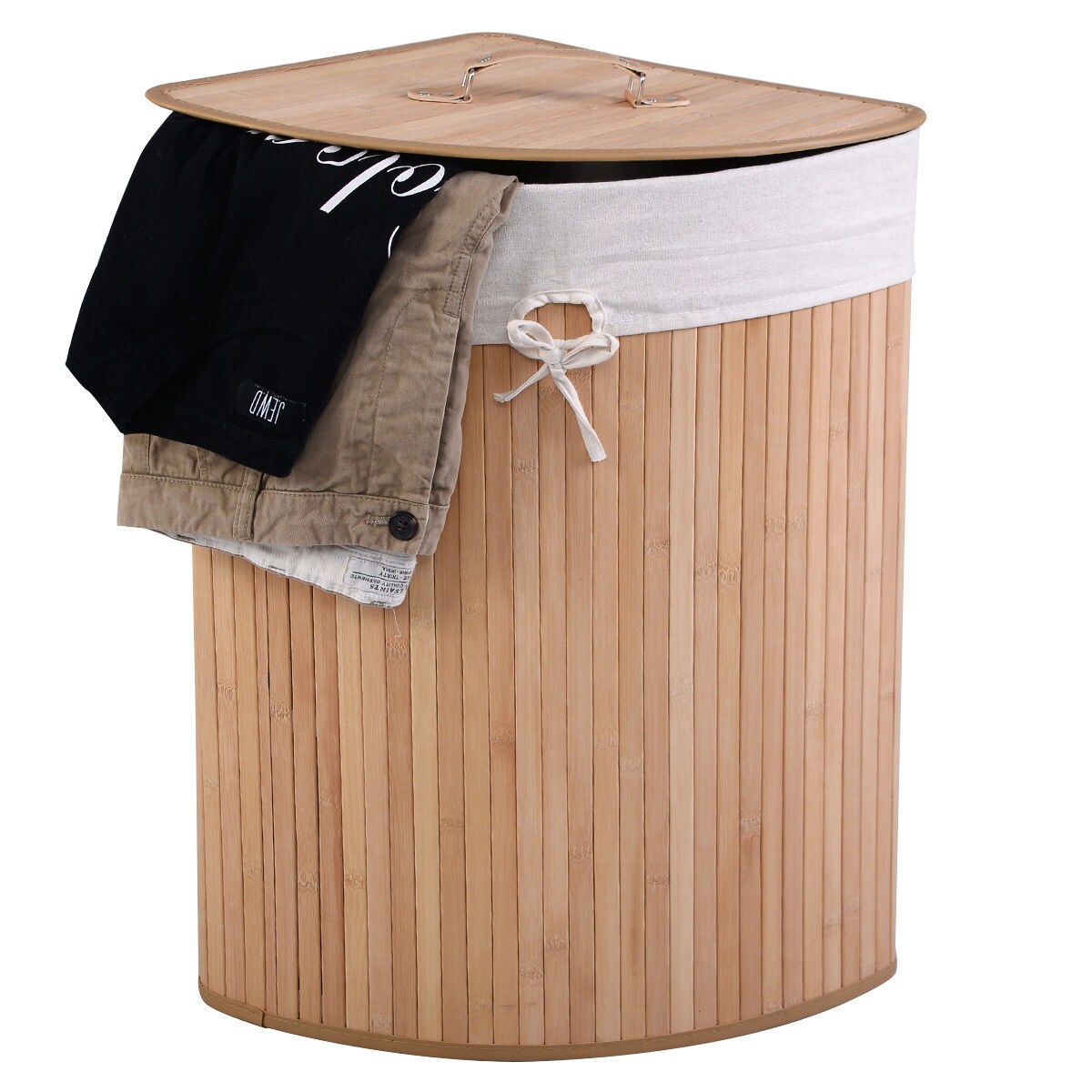 Corner Laundry Hamper Basket with Lid Removable Liner Wicker Black
