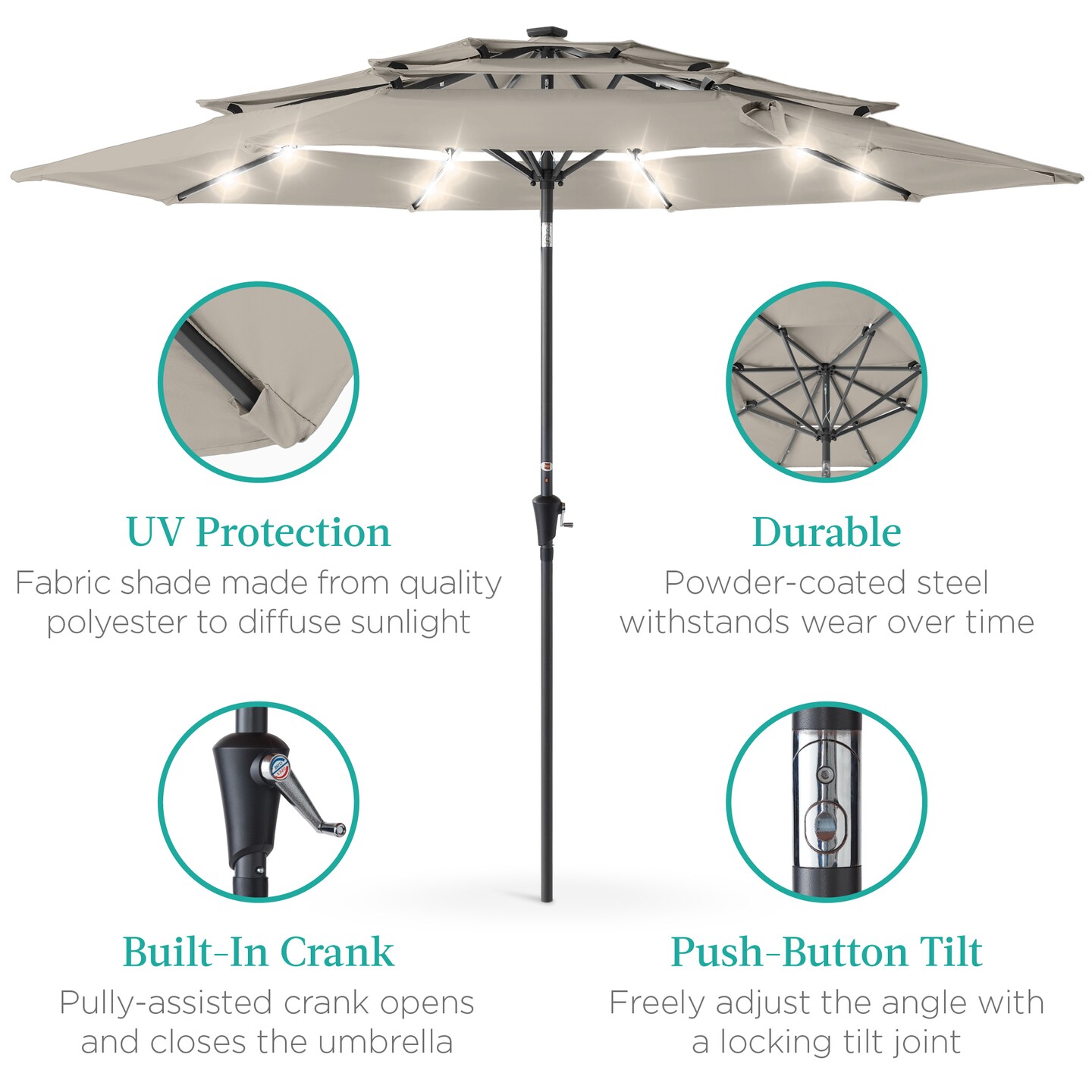 Best Choice Products 10ft 3-Tier Solar Patio Umbrella w/ 24 LED Lights, Tilt Adjustment, Easy Crank