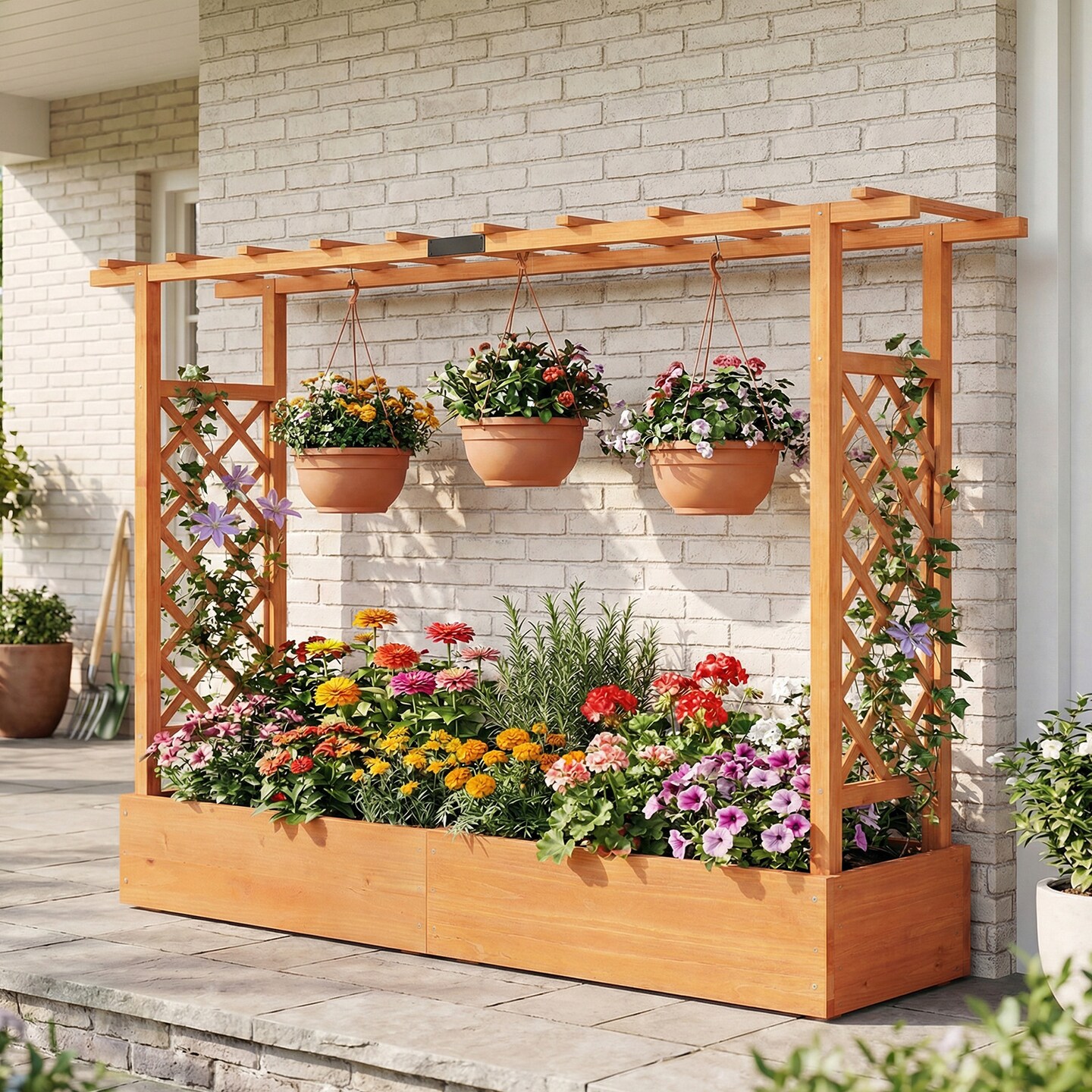 45" Wooden Elevated Garden Planter with Side Trellis, Roof and Drainage System