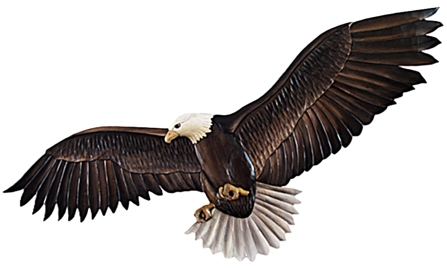 Wood Flying Eagle Wall Sculpture 31x12 in Hand Carved Intarsia Bird Art