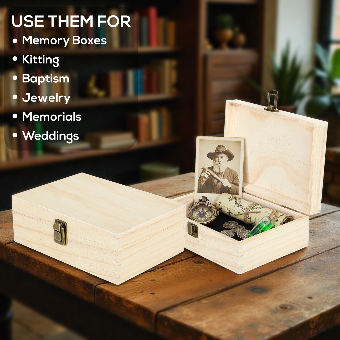 Makerflo Medium Pine Wood Memory Box with Black Felt Inside and Hinged with Clasp of Front, Keepsake Wooden Box Ideal for Craft and Personalization (Laser Engraving, Epoxy, UV DTF, and Vinyl)