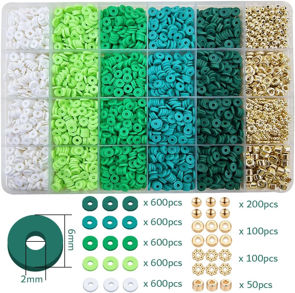 Green Clay Beads Kit – Heishi Beads, Clay Charms & Gold Spacers for Friendship Bracelets, Jewelry Making, Crafts, Concerts, Raves & Gifts