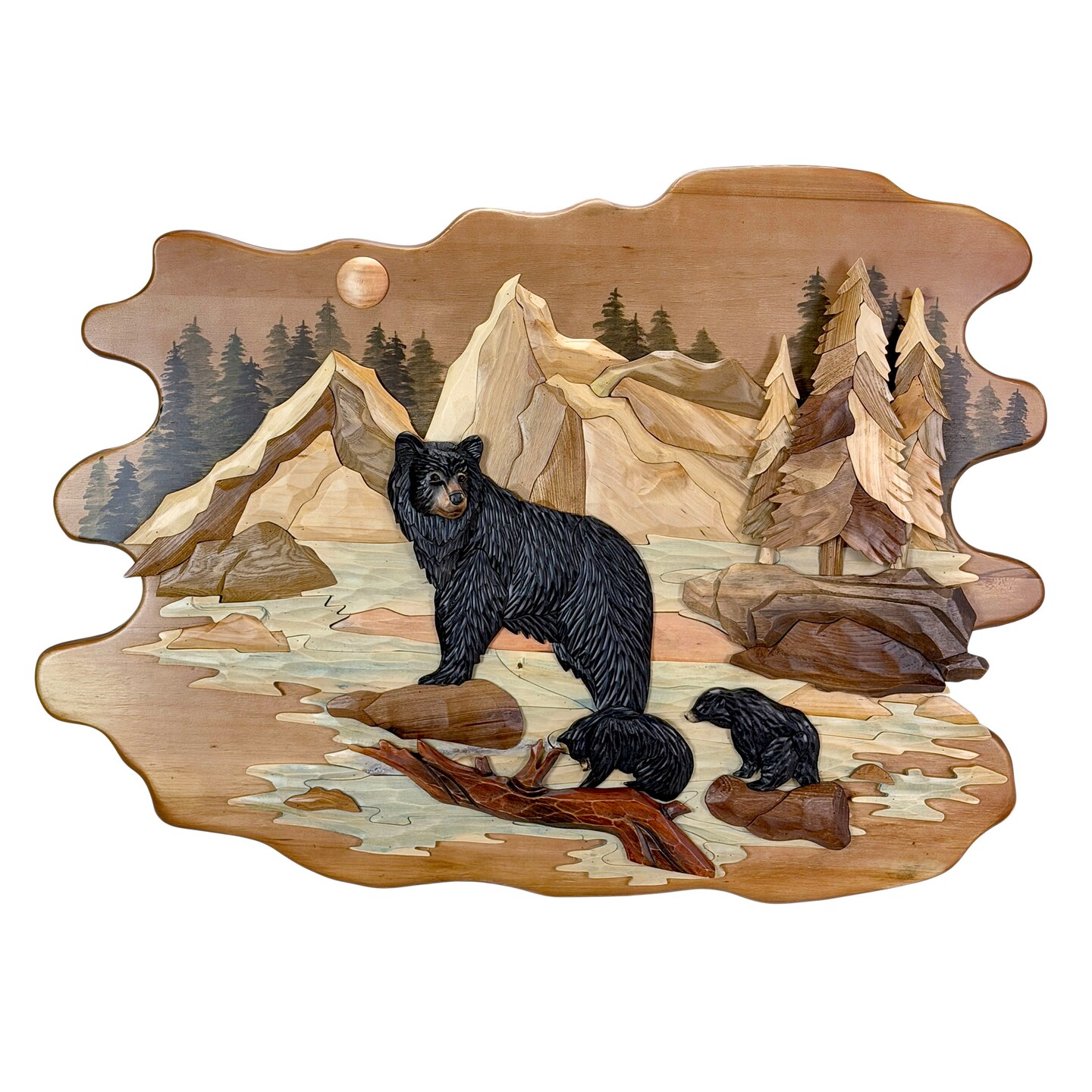 Bear Family River 25.5x34 Intarsia Wood Wall Sculpture Rustic Cabin Art