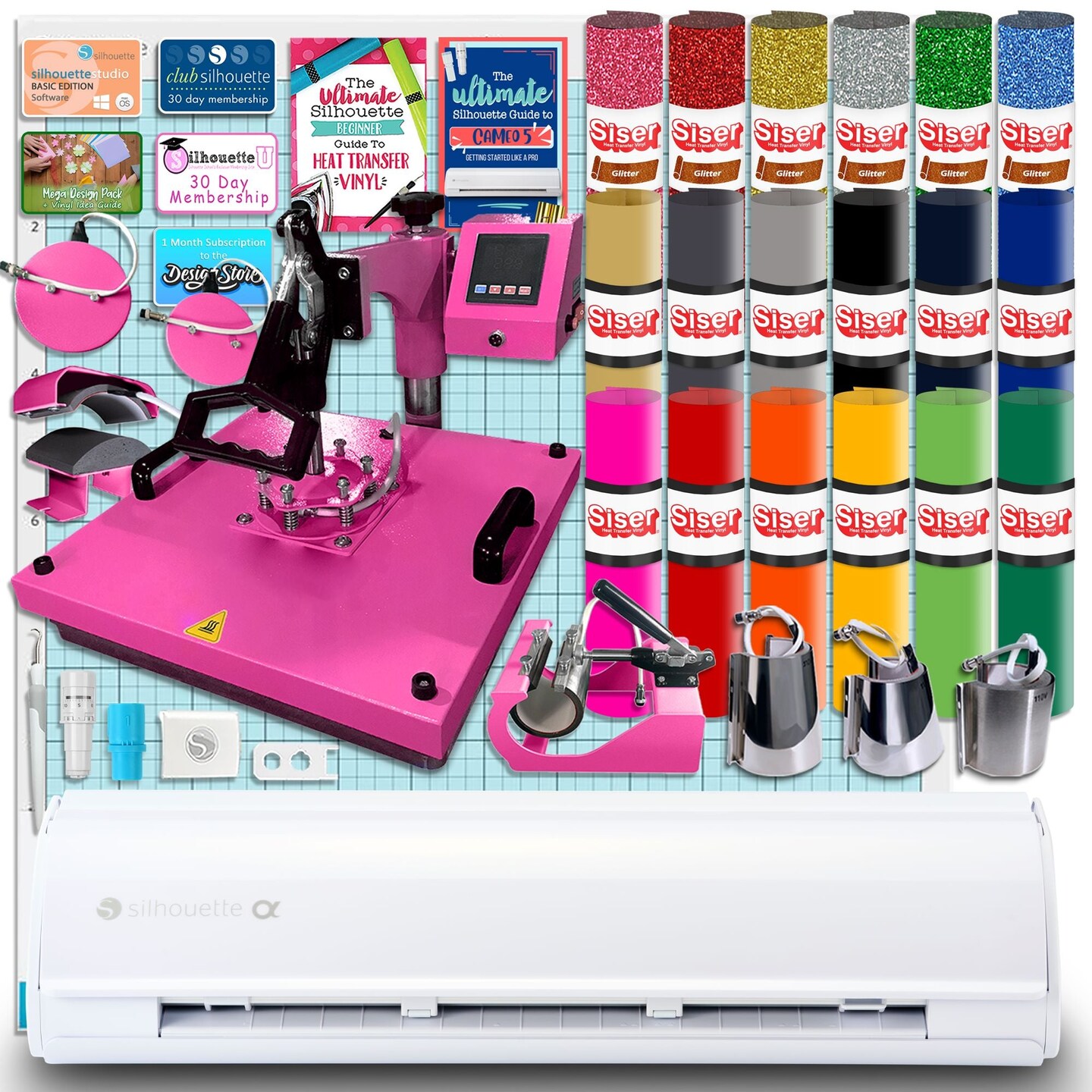 Silhouette White Cameo 5α Alpha w/ 8-in-1 Pink Heat Press & Siser HTV