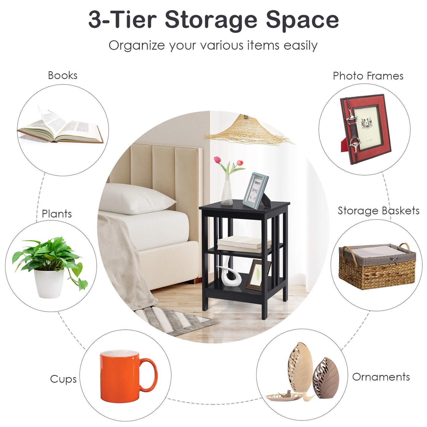 3-Tier MDF Side Table End Table Nightstand Storage 16x16x24 Inch