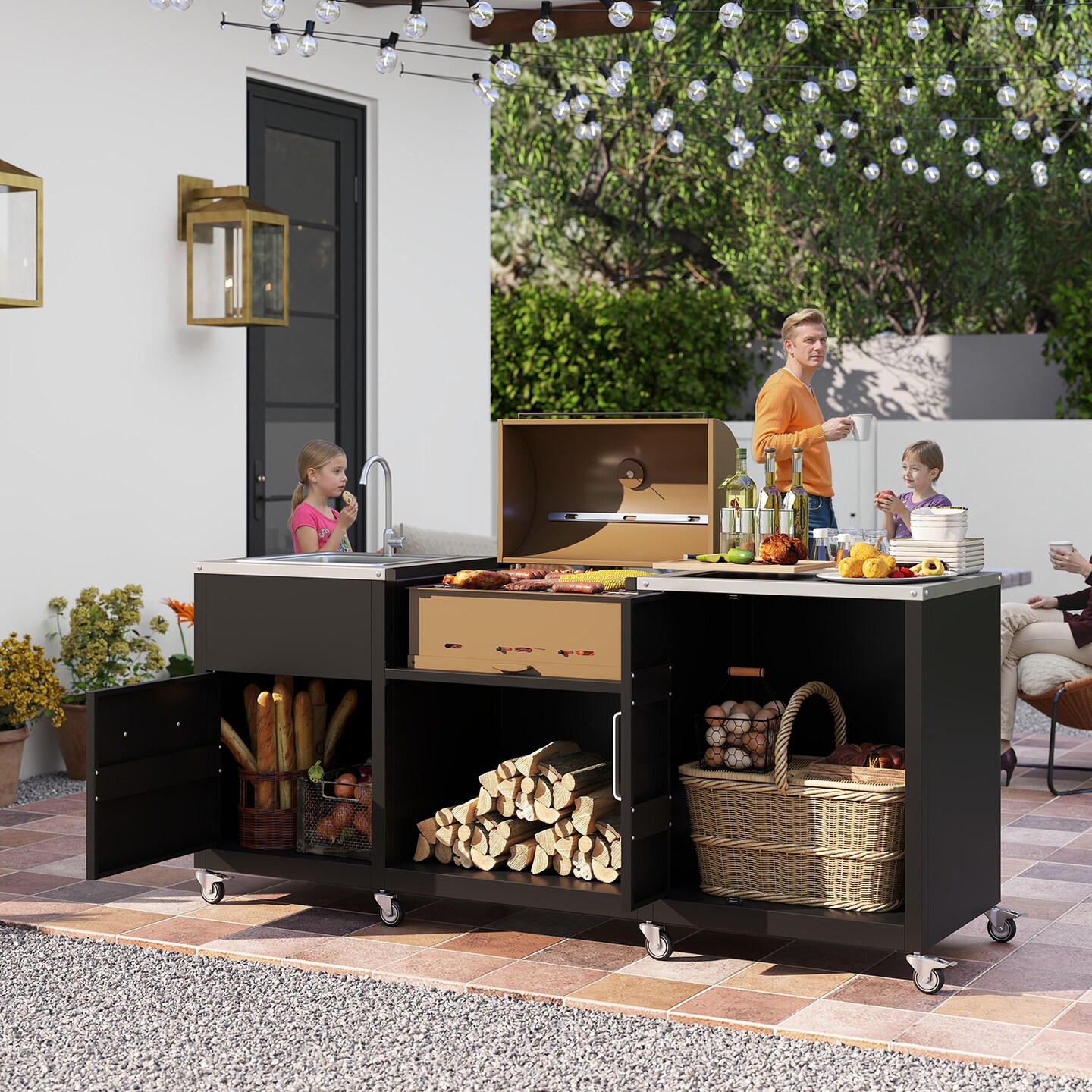 Black Outdoor Grill Table With Stainless Steel Countertop Sink And Storage
