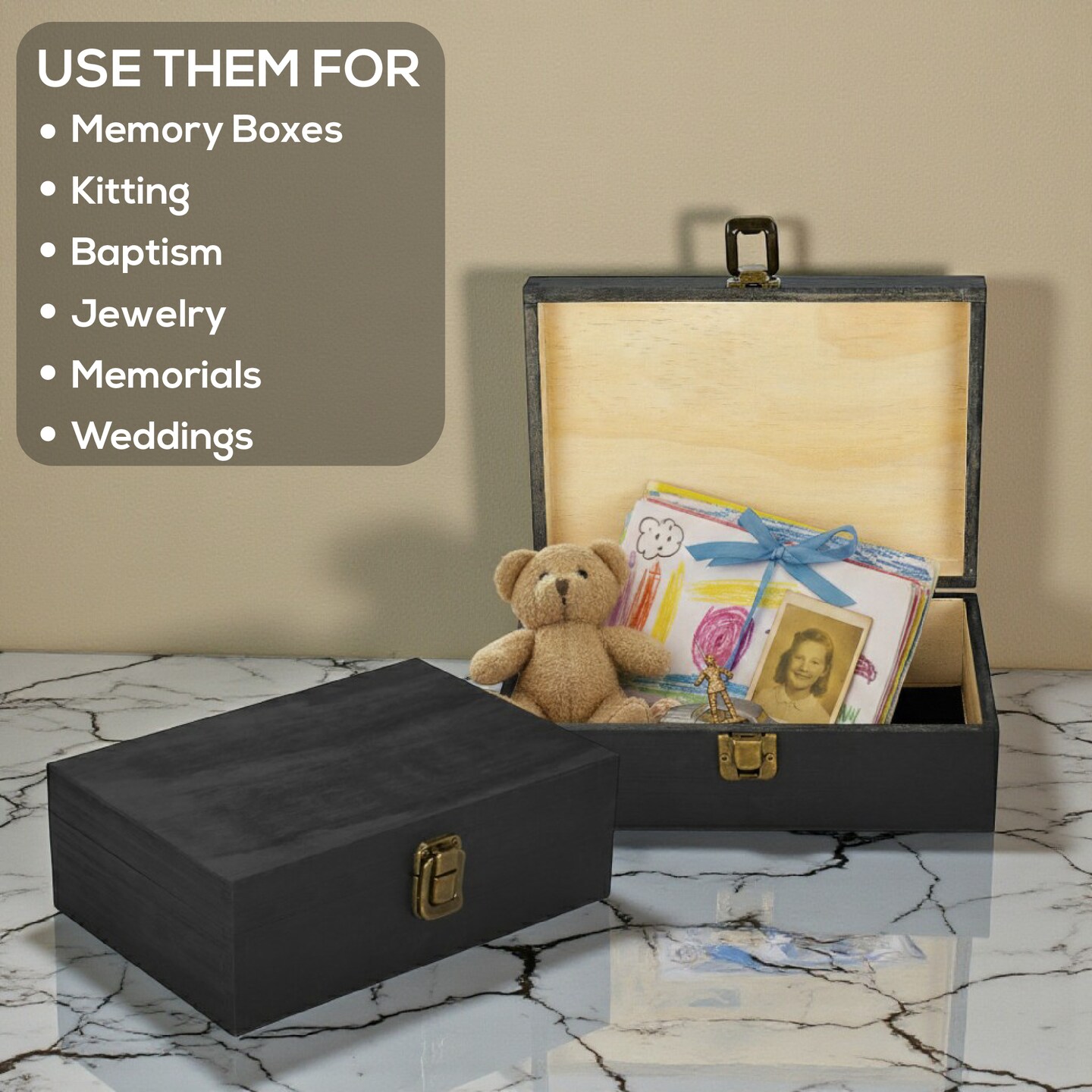 Makerflo Medium Pine Wood Memory Box with Black Felt Inside and Hinged with Clasp of Front, Keepsake Wooden Box Ideal for Craft and Personalization (Laser Engraving, Epoxy, UV DTF, and Vinyl)