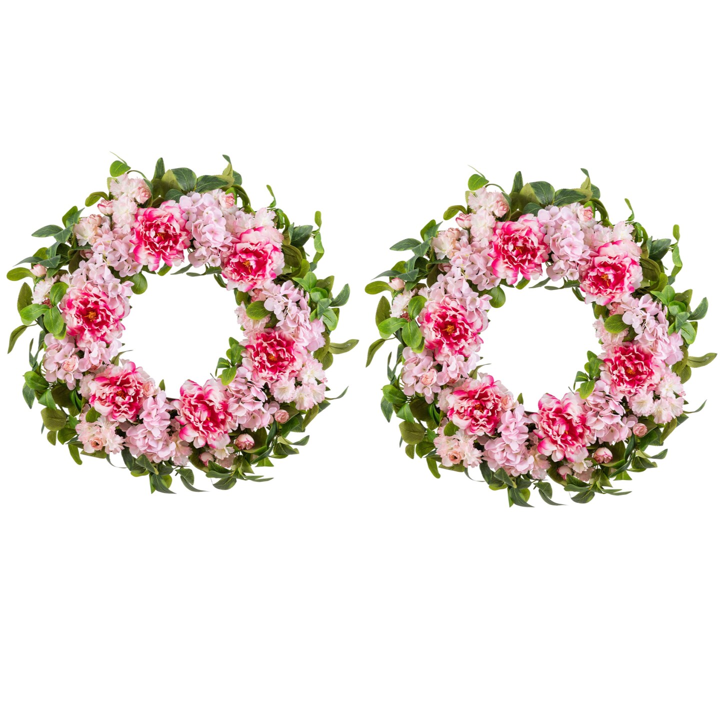 Set of 2 24"D Pink Hydrangea, Peony & Cherry Wreath Includes a Complimentary Black Metal Wreath Hanger