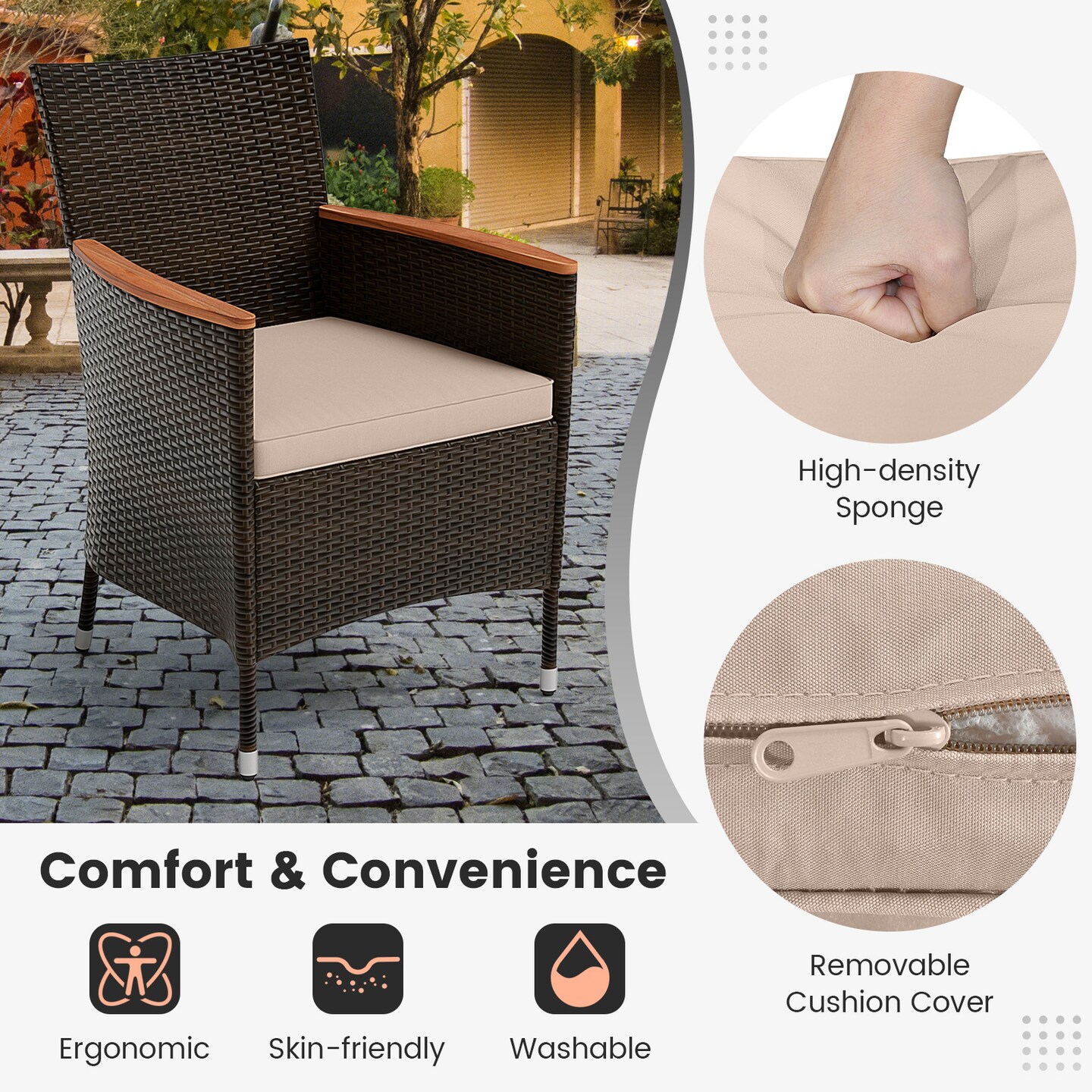 8 Piece Patio Dining Set with Double Sided Solar Umbrella Stackable Chairs Mix Brown