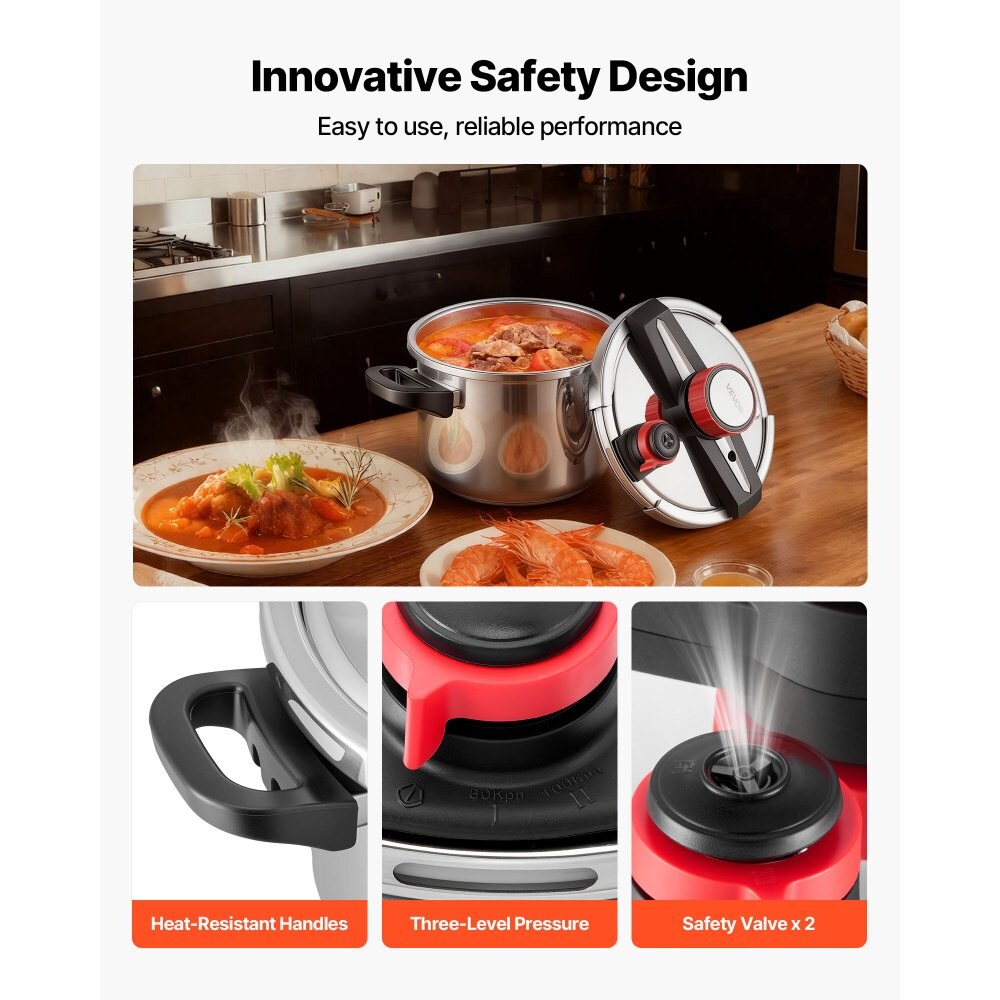 Silver Stainless Steel Pressure Cooker 6-10QT with Steamer and Soup Pot