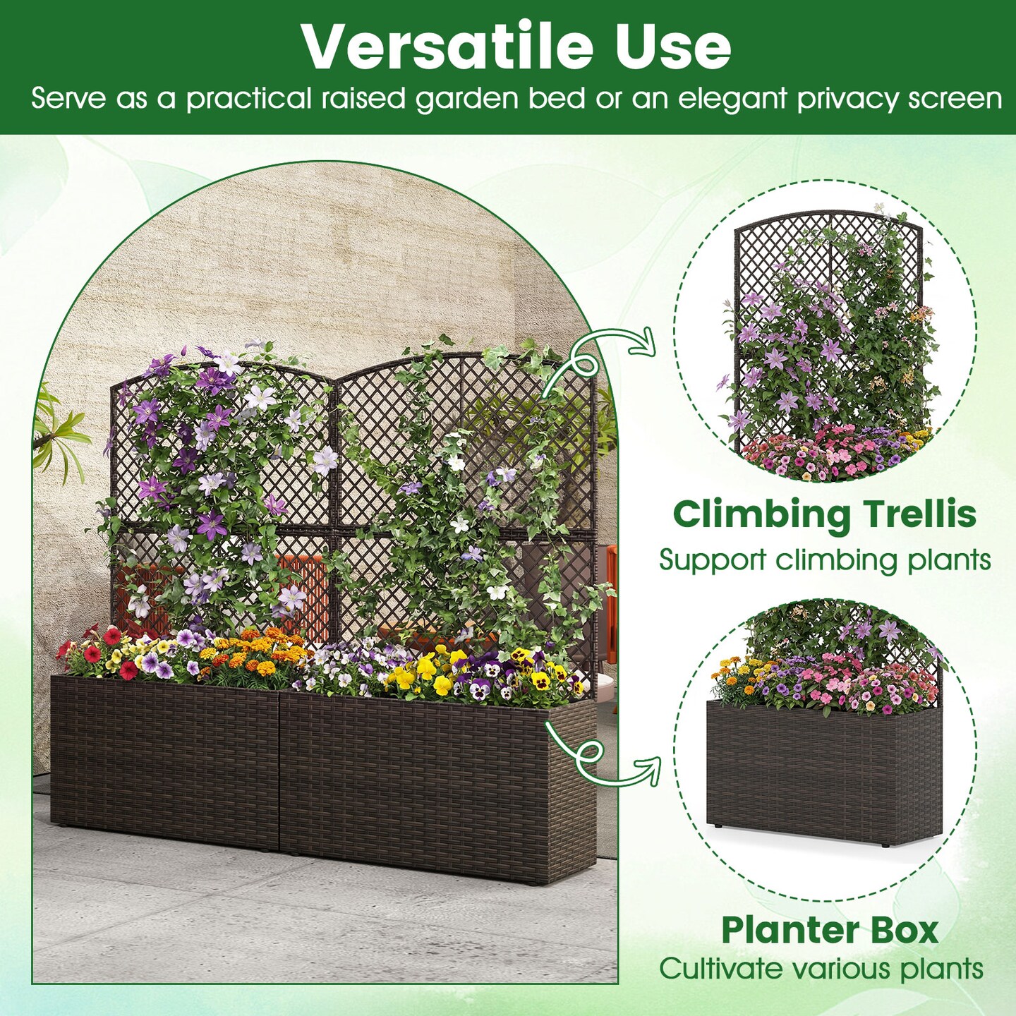 58” Raised Planter Box with Trellis Outdoor Wicker Garden Bed