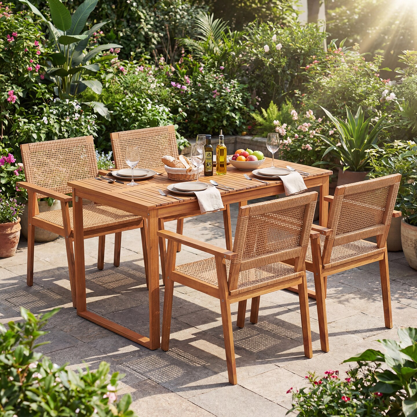 Boho Outdoor Dining Set 5 Piece Acacia Wood Table with Stackable Rattan Chairs Natural