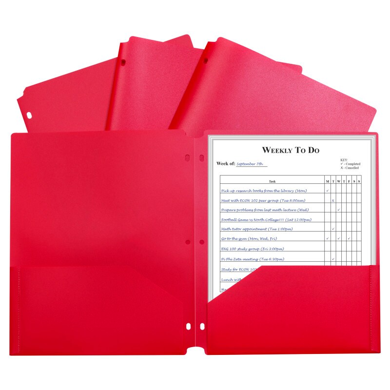 Two-Pocket Heavyweight Poly Portfolio Folder with Three-Hole Punch, Red, Each