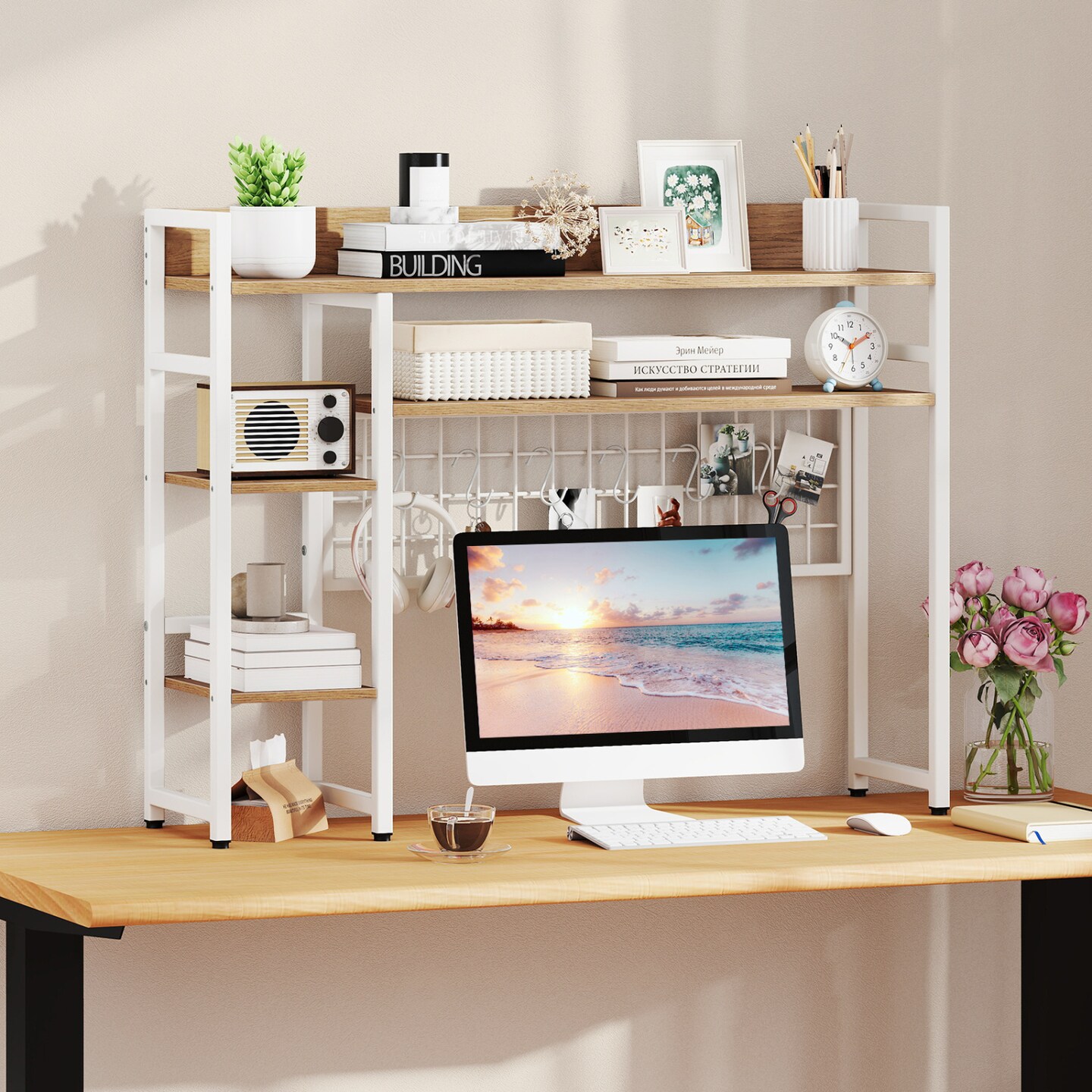 Desk Storage Shelf with 4 Tiers and 6 Hooks for Home Office or Kitchen Counter