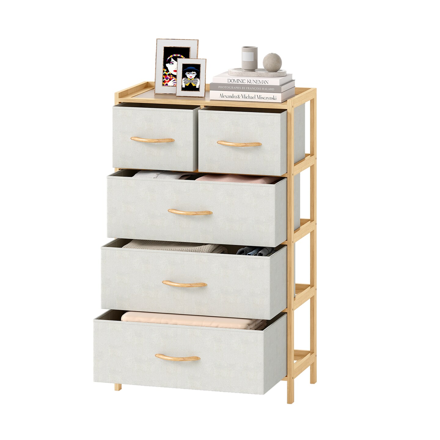 Natural-White 5-Drawer Storage Dresser Extra Top Shelf for Bedroom Organization