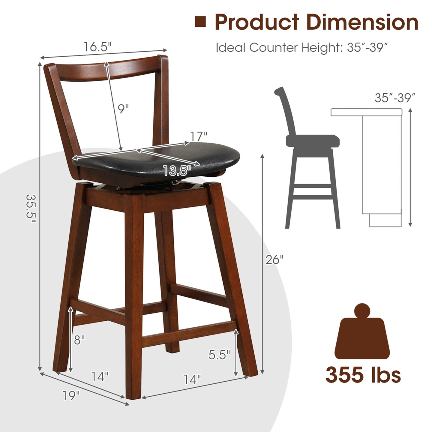 Costway Swivel Counter Height Bar Stool 26'' Upholstered PU Leather Hollow Backrest