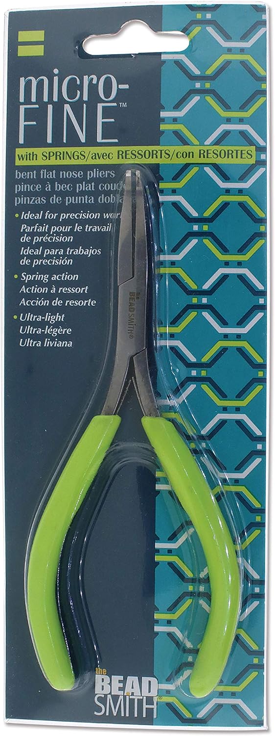 The Beadsmith Micro-Fine Bent Flat Nose Pliers, 5 inches (127mm) with Polished Steel Head, Green PVC Comfort Grip Handle with Double-Leaf Spring, Tool for Jewelry Making