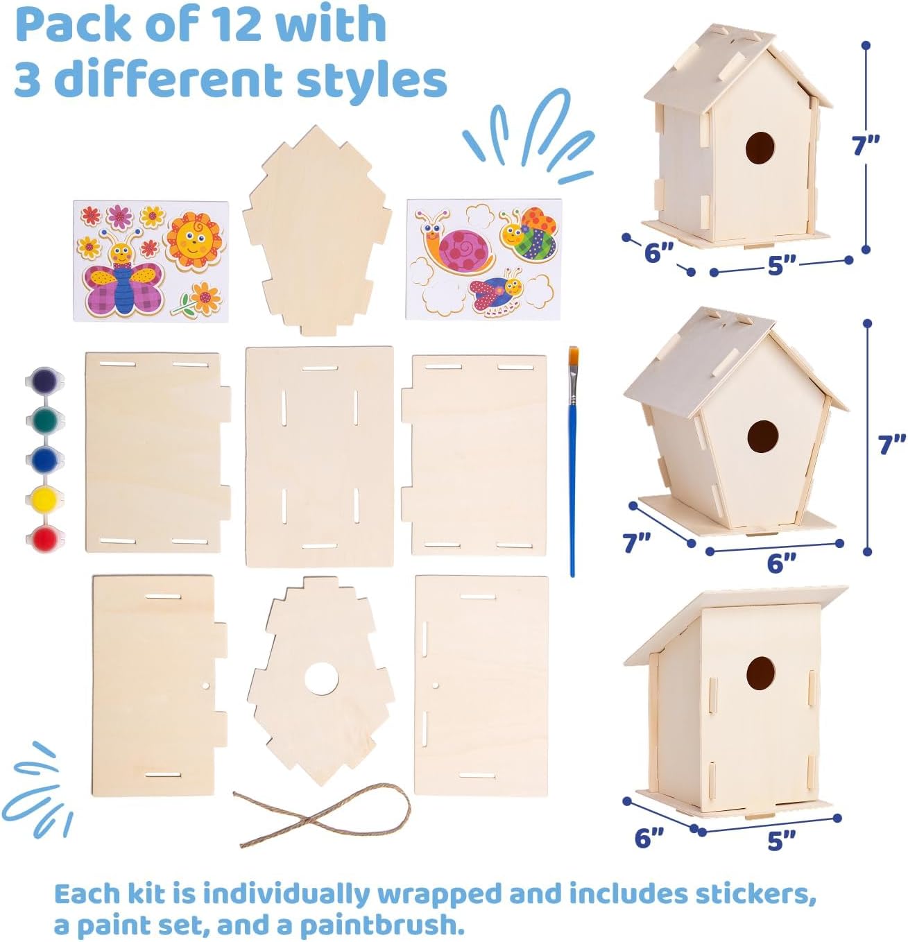 12 DIY Wooden Bird House Kits &#x2013; Paintable Craft Set with Brushes, Stickers &#x26; Strings