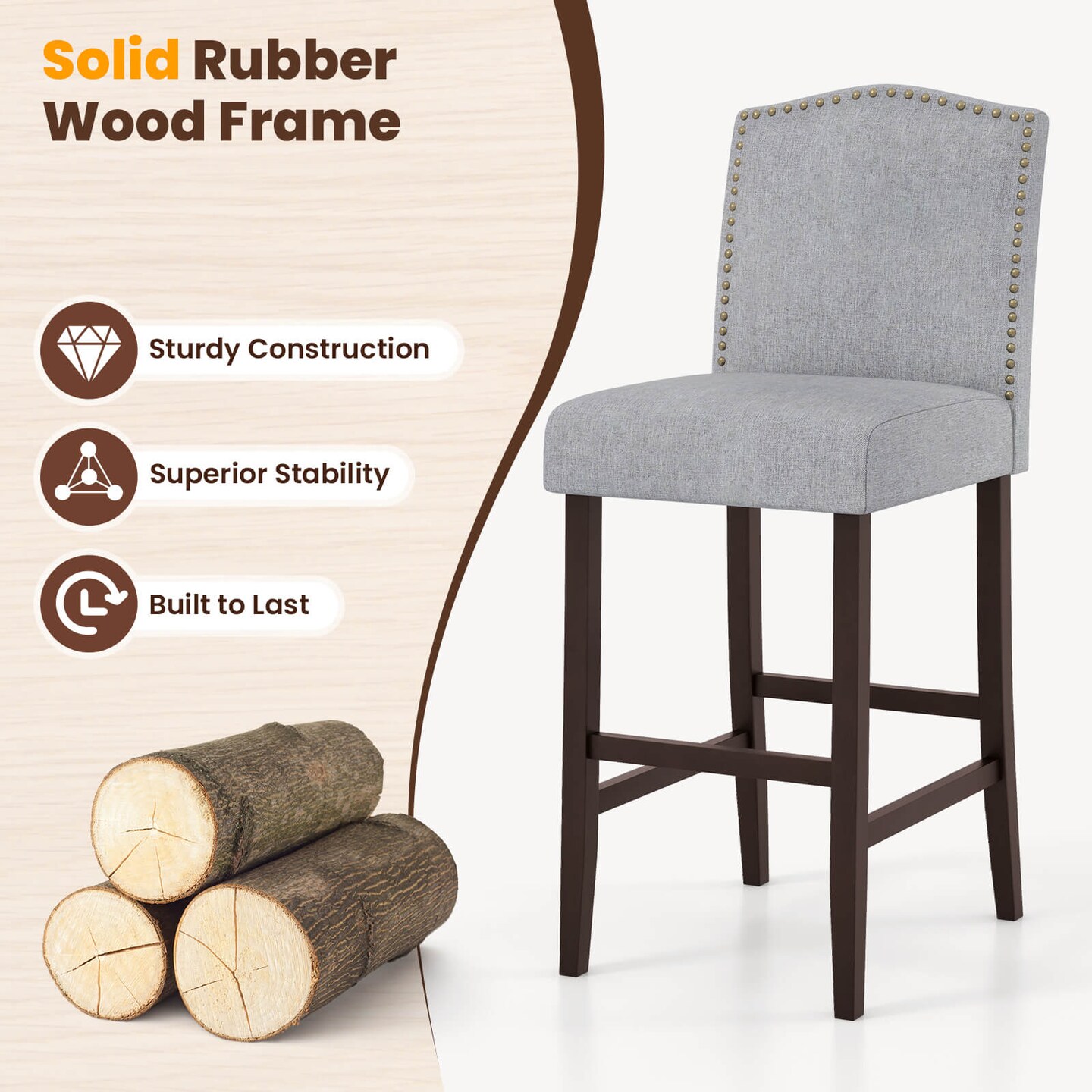 Costway Set of 2 Bar Stools 30&#x22; Upholstered Kitchen Breakfast Nailhead Bar Chairs Gray