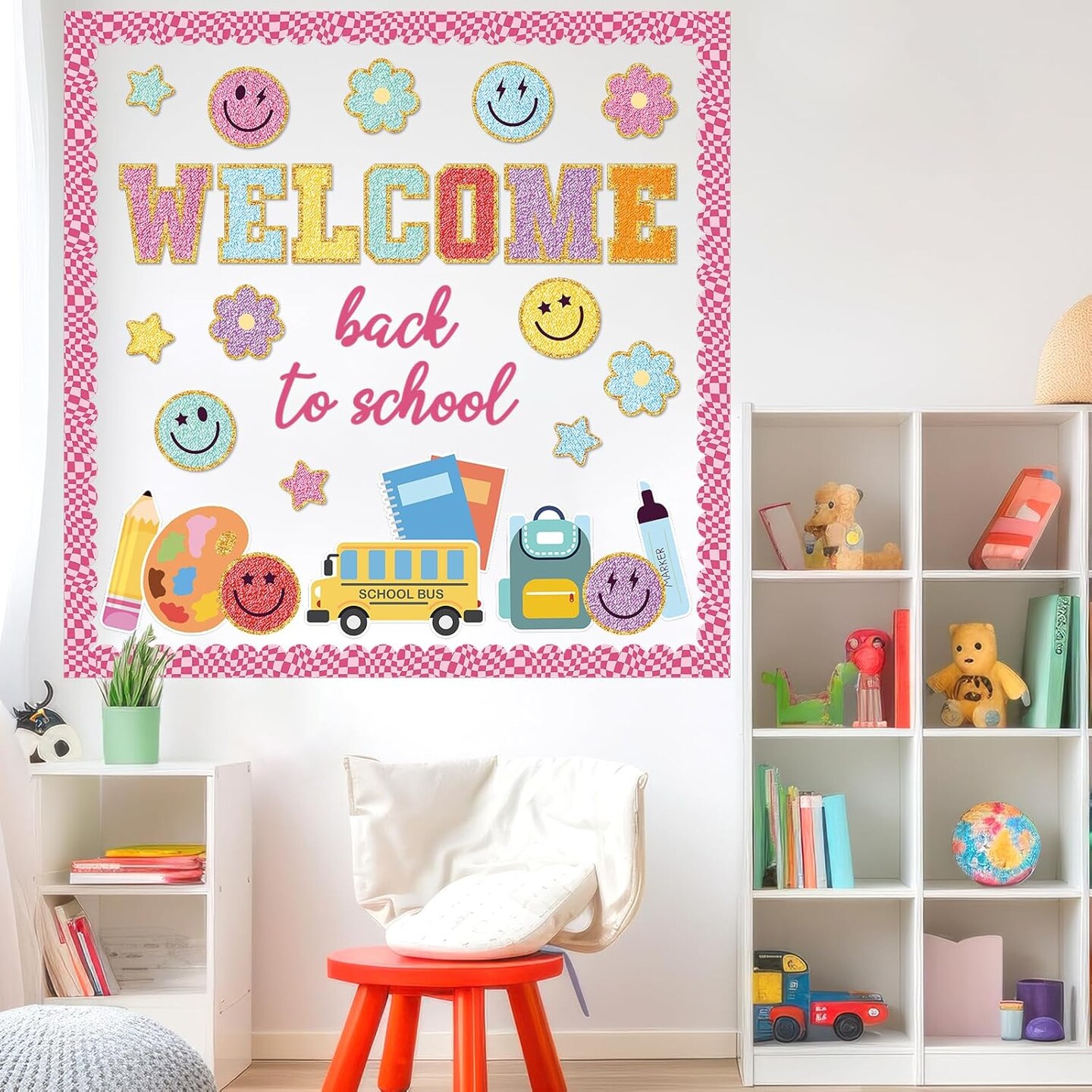 Welcome Back to School Bulletin Board Set - Boho Groovy Classroom Decorations - 46 Pcs Preppy Patch Pencil, Bus & Book Cutouts for First Day of School, Party, Wall & Door Decor