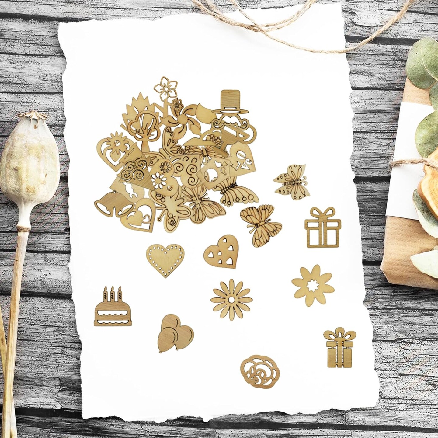 200Pcs Hollow Wood Pieces Unfinished Wooden Vintage Embellishments (Mix)