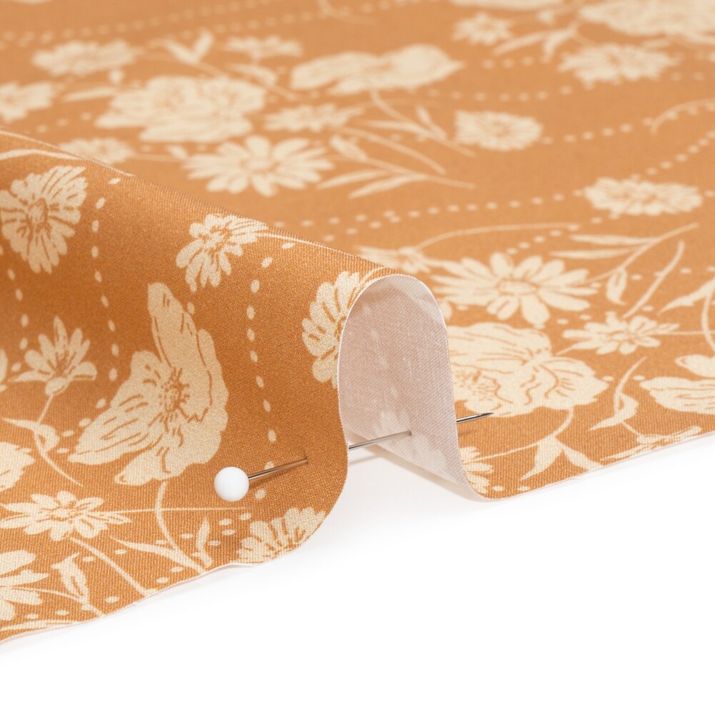 1 Yard Tan Floral Dotted Line Stretch Cotton Poplin Print Fabric