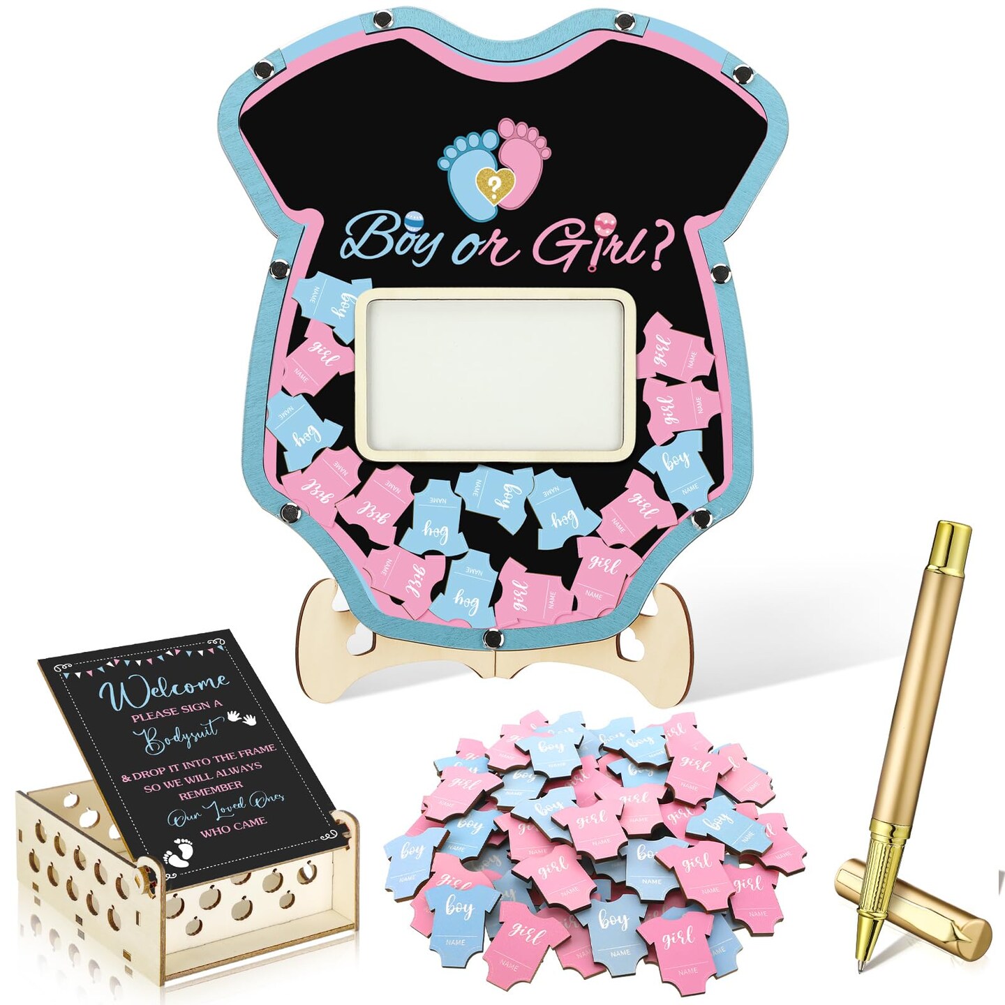 Wenqik 63 Pcs Baby Shower Guest Book Alternatives Set Baby Shower Decorations with Photo Frame Sonogram Frame Keepsake 60 Wood Slices Guest Book for Birthday (Gender Reveal)