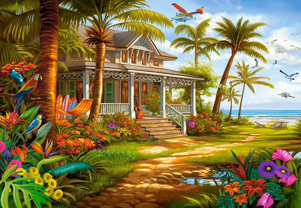 1500 Piece Jigsaw Puzzle, Palm House, Beach house, Colorful flowers, Tropical oasis, Adult Puzzle, Castorland C-152223-2