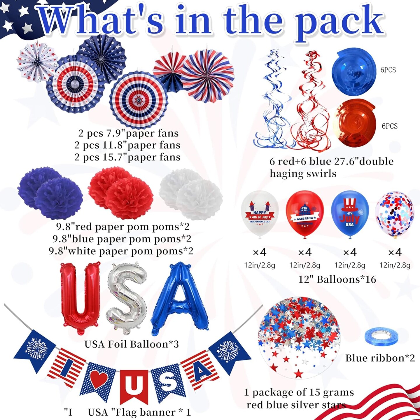 59 Pieces of July 4th Decoration Independence Day Patriotic Decoration Set - Fourth of July Red White Blue Paper American Flag Fans Star Ribbon Commemorative Veterans Labor Presidential Flag Day