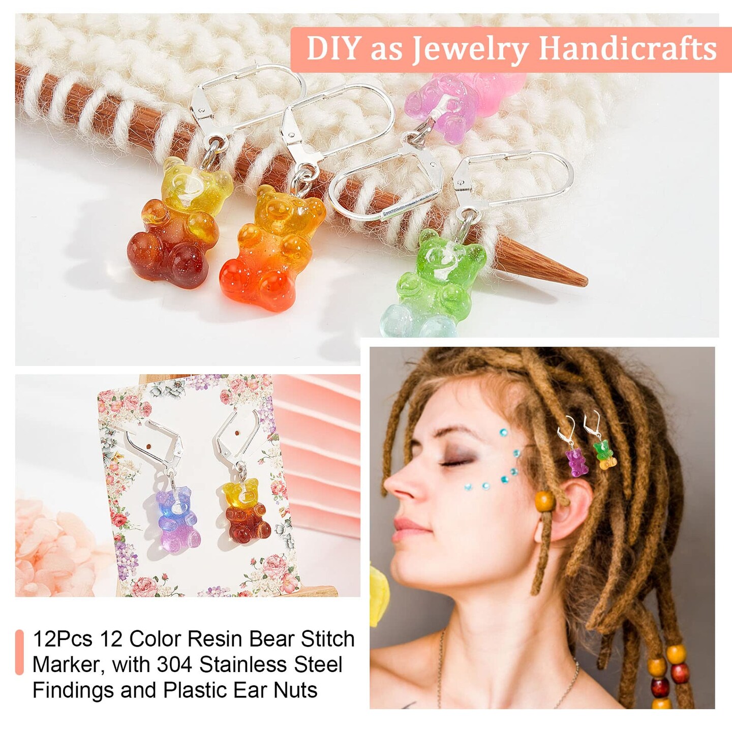 NBEADS 12 Pcs Bear Stitch Markers - 12 Colors Resin Gummy Bear Crochet Stitch Marker Charms - Locking DIY Handmade Gift for Knitting, Weaving, Sewing, Quilting, Handmade Jewelry