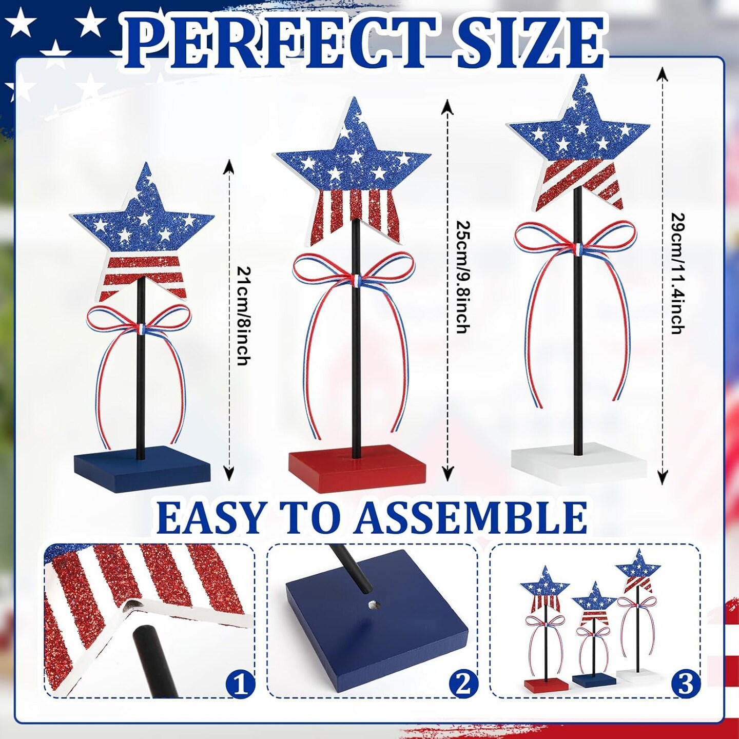 3 PCS 4th of July Table Decorations Wooden Star Set, Rustic Patriotic Decor, Red White and Blue Decorations for Home (Stripe)