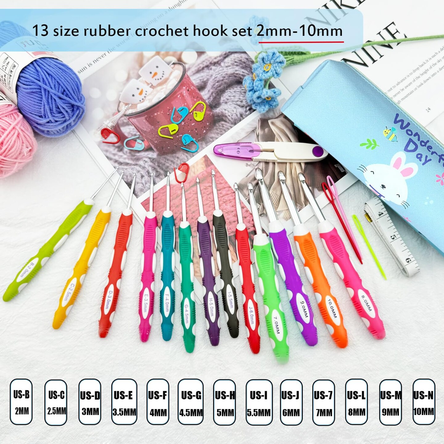 13 Size Crochet Hook Set,2mm(B)-10mm(N) Ergonomic Crochet Hooks with Case,Extra Long for Arthric Hands,Soft Grip Crochet Hooks Needles for Beginners&#x26;Gift