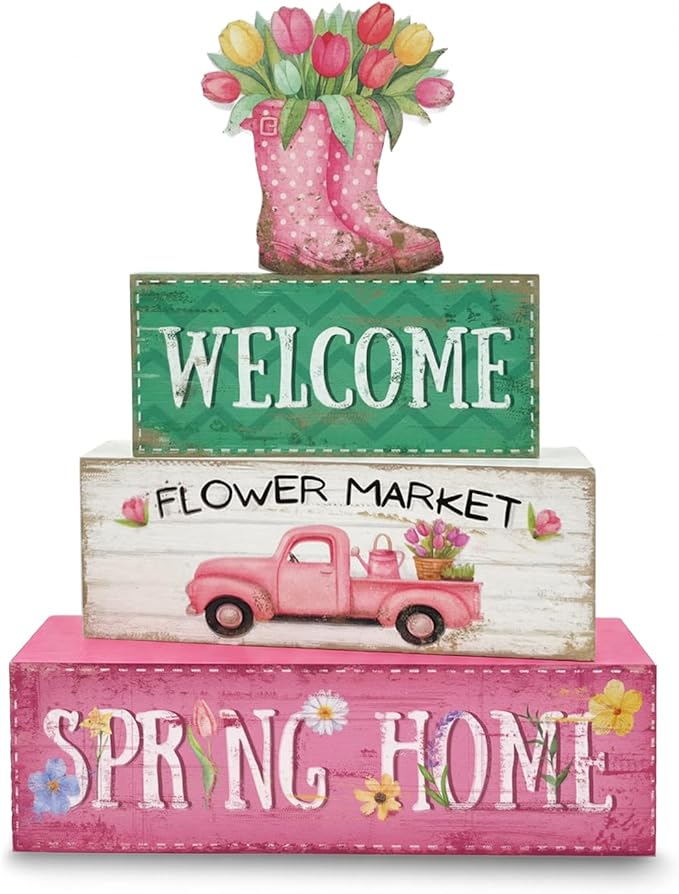 Spring Decorations, 4 Pcs Wooden Spring Table Decorations, Farmhouse Rain Boots Tiered Tray Decor, Wooden Table Sign for Desk Shelf Mantel Coffee Bar, Indoor Home Decor