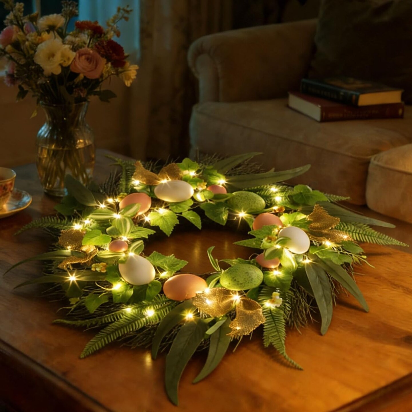 20 Inchs Easter Wreath for Front Door, Decor with Easter Eggs, Fabric Strips, Come with Hanger/Hook, 50LED Lights, Timer, for Outdoor Indoor Wall Window, for Spring Summer Hoilday, Gift