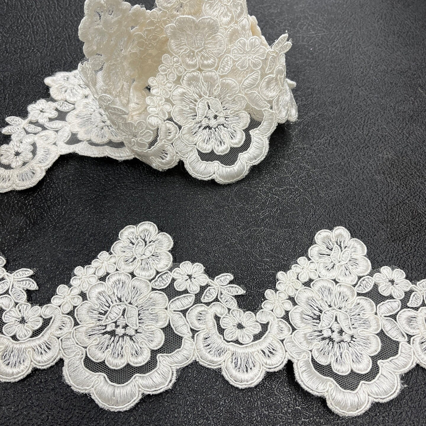 1 Yard Ivory Corded Lace Trimming on Net Mesh – 4" Wide | Embroidered Decorative Lace for Bridal & Formalwear
