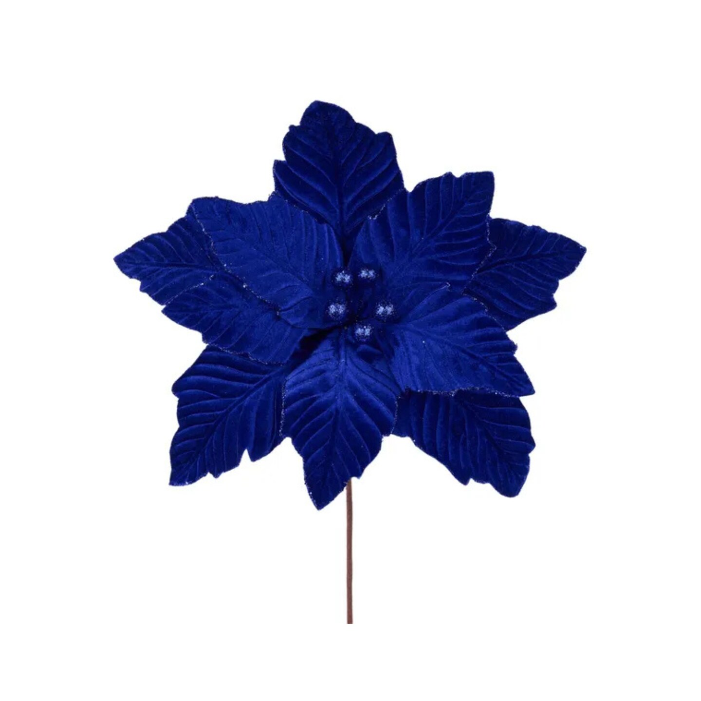 Royal Blue Velvet Poinsettia Stem &#x2013; 12.5&#x22; Christmas Flower Pick
