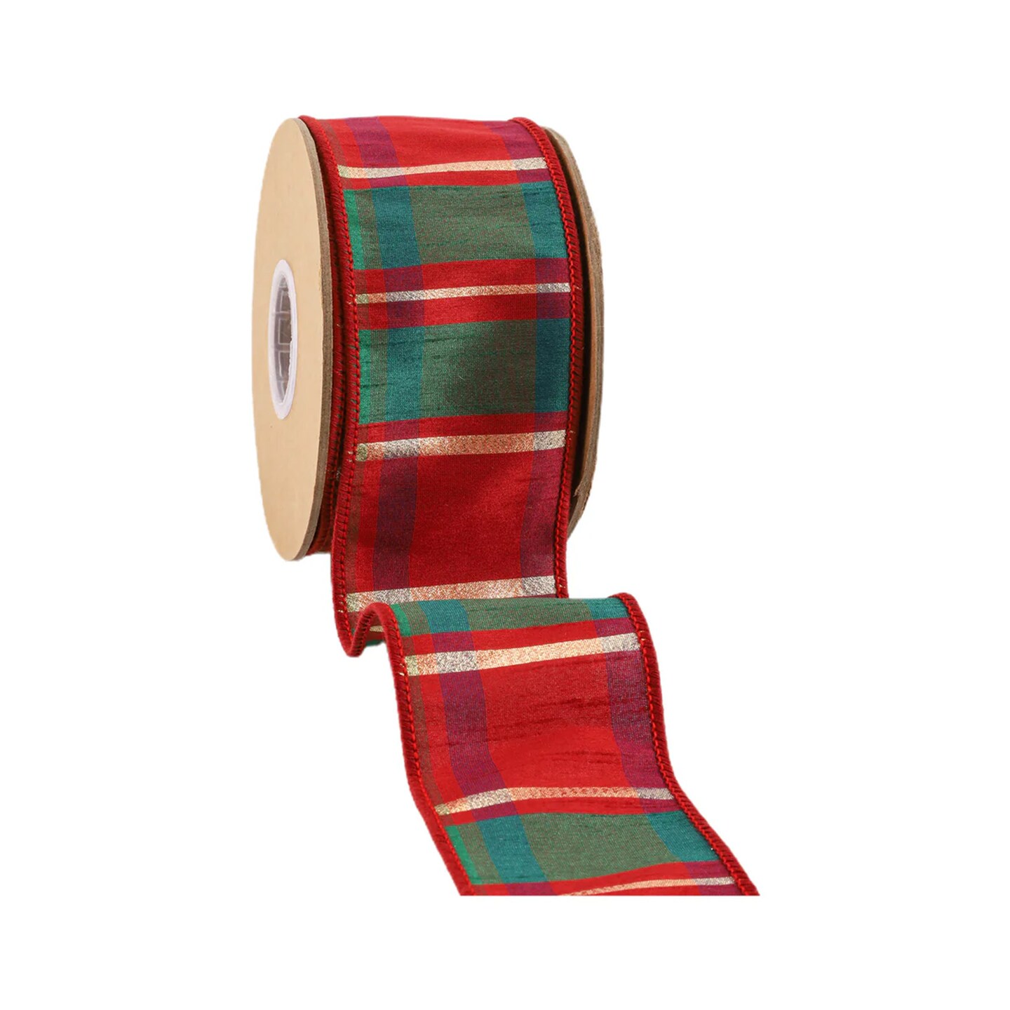 LaRibbons 4&#x22; - 2 1/2&#x22; Wired Dupioni Ribbon | Red/Green/Gold Plaid Check | 10 Yard Roll