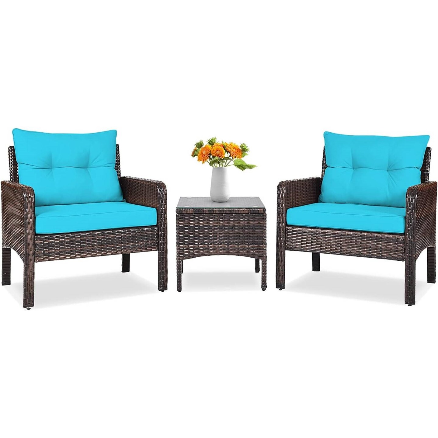 3-Piece Brown PE Rattan Patio Furniture Set with Turquoise Cushions
